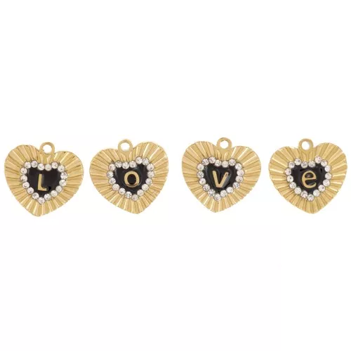Set di 4 ciondoli a forma di cuore 10,5x11 mm - Motivo amore - con strass - Acciaio 316L