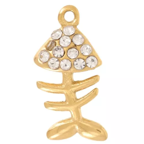 Ciondolo a lisca di pesce 14x7 mm con strass - Acciaio inossidabile 316L oro x1