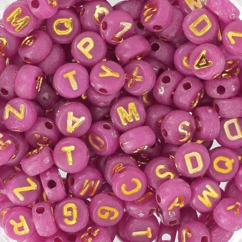 Assortimento di 200 perline piatte 7 mm lettere alfabetiche - Lampone - Oro