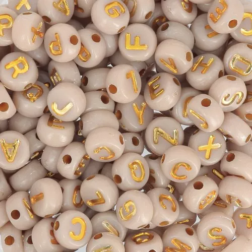 Assortimento di 200 perline piatte 7 mm lettere alfabetiche - Beige - Oro