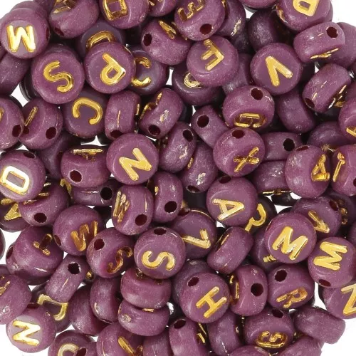 Assortimento di 200 perline piatte 7 mm lettere dell'alfabeto - Prugna - Oro