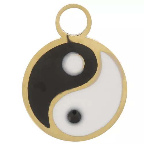 Ciondolo tondo da 10mm in resina - Yin e Yang - Acciaio inox dorato 316L x1