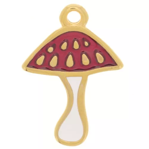 Ciondolo a fungo 18,5x13 mm in resina epossidica - Dorato con oro fino - Rosso x1