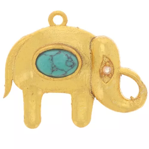 Pendente elefante 18x22 mm cabochon pietra - Dorato con oro fino - Turchese