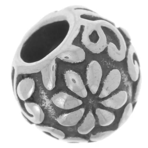 Perlina tonda appiattita 11 mm foro grande - motivo floreale - acciaio inossidabile 304L x1