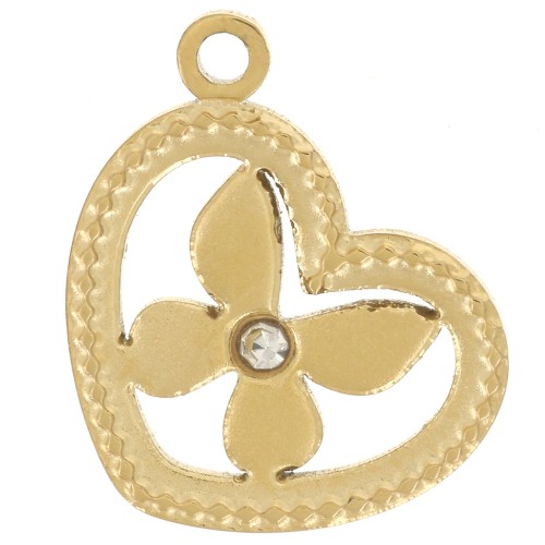 Ciondolo a forma di cuore con motivo a farfalla 12x9 mm - Acciaio inossidabile 304 Dorato x1
