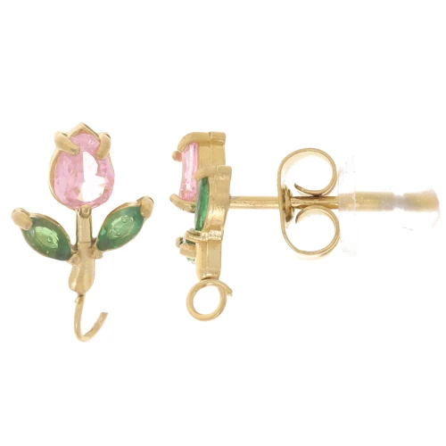 Orecchini a fiore 11x7mm a cerchio aperto e CZ in acciaio inox 304L dorato Rosa x2