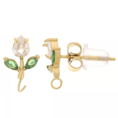 Orecchini a fiore 11x7mm a cerchio aperto e CZ Acciaio inox 304L dorato- Cristallo