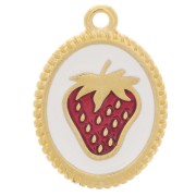 Pendente ovale 19x14 mm - Motivo fragola - Dorato con oro fino - Bianco - Rosso x1