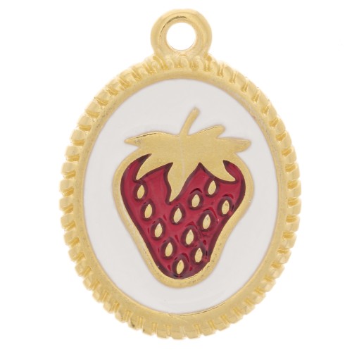 Pendente ovale 19x14 mm - Motivo fragola - Dorato con oro fino - Bianco - Rosso x1