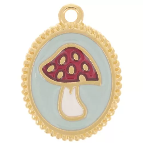 Pendente ovale 19x14 mm - Motivo a fungo - Dorato con oro fino - Blu - Rosso x1