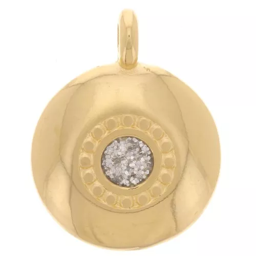 Ciondolo rotondo da 13,5 mm in resina - Dorato con oro fino - Glitter argento x1