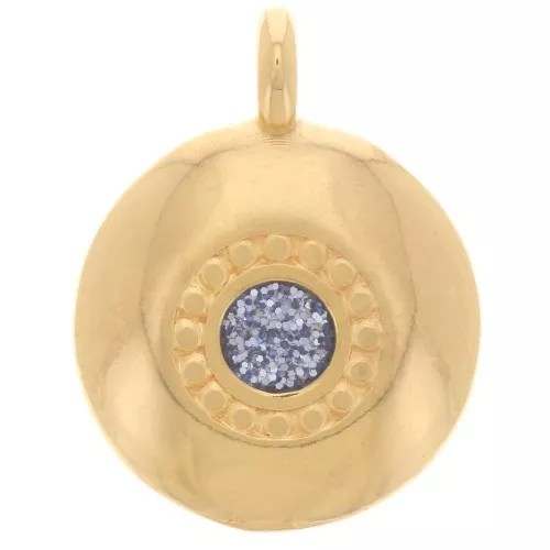 Ciondolo rotondo da 13,5 mm in resina- Dorato con oro fino - Glitter grigio x1