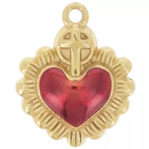 Pendente a forma di cuore Ex-Voto 22x18mm in resina epossidica 304L in acciaio inossidabile dorato Rosso x1