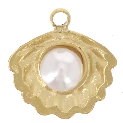 Ciondolo a conchiglia da 10 mm con imitazione della Perla di madreperla - Acciaio inossidabile Dorato 304L x1