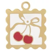 Ciondolo mini cornice 19,5x16 mm motivo ciliegia - resina epossidica - acciaio inossidabile 304L Dorato