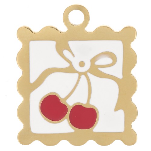 Ciondolo mini cornice 19,5x16 mm motivo ciliegia - resina epossidica - acciaio inossidabile 304L Dorato