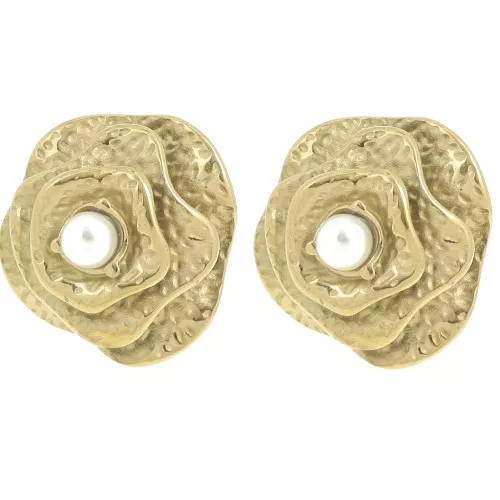 Orecchini a fiore da 22 mm con imitazione di Perla - Acciaio inossidabile 304L Dorato x2