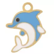 Ciondolo a forma di delfino 9x7 mm - Resina epossidica - Acciaio inossidabile 304L Dorato - Blu x1