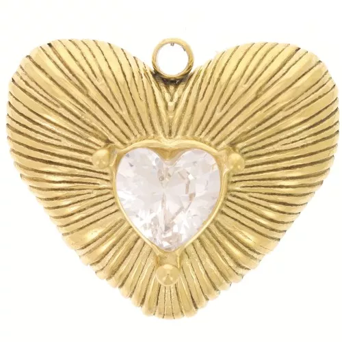 Pendente a forma di cuore Striato 19x22,5 mm con strass - Acciaio inossidabile 304L Dorato x1