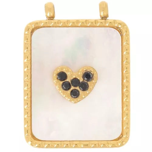 Pendente rettangolo martellato 19x14 mm con madreperla e CZ - Acciaio inossidabile 304L Dorato x1