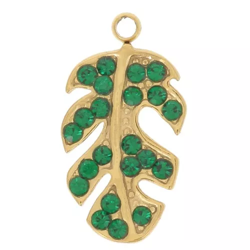 Ciondolo a foglia 15x8 mm con strass - Acciaio inossidabile 304L - Verde x1