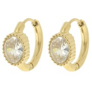 Orecchini a cerchio tondo 16 mm - cabochon ovale in ossido di zirconio - acciaio inossidabile 304L Dorato x2