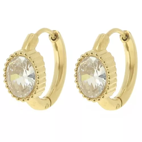 Orecchini a cerchio tondo 16 mm - cabochon ovale in ossido di zirconio - acciaio inossidabile 304L Dorato x2