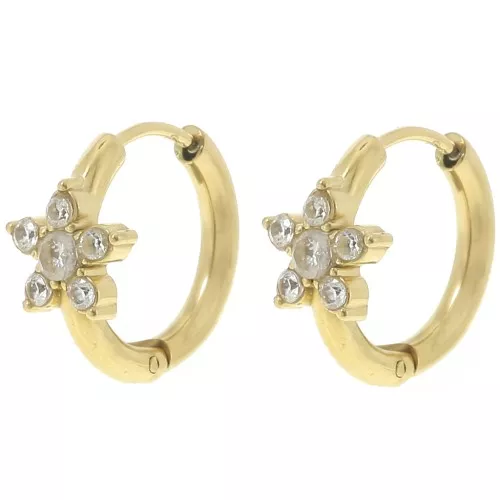 Orecchini a cerchio tondo da 16 mm con fiore in ossido di zirconio - Acciaio inossidabile 304L Dorato x2