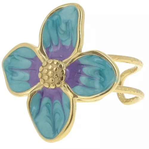 Anello a fiore 23x21 mm con resina epossidica - Acciaio inossidabile 304L Dorato - Perla blu x1