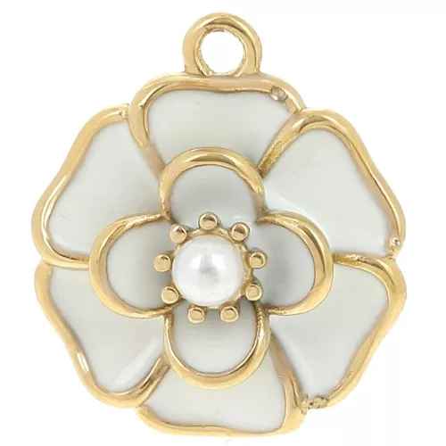 Pendente a fiore da 20 mm con imitazione di Perla - Acciaio inossidabile Dorato 304L - Bianco x1
