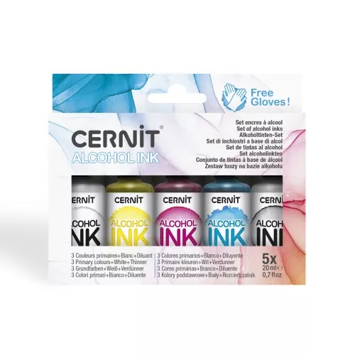 Set di inchiostro alcolico Cernit - Colori primari, bianco e diluente x5