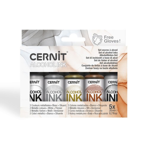 Set di inchiostri alcolici Cernit - Colori metallici, bianco e diluente x5