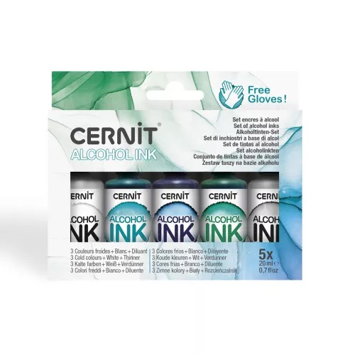 Set di inchiostri alcolici Cernit - Colori freddi, bianco e diluente x5