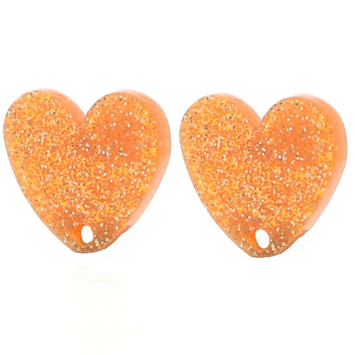 Orecchini cuore in acrilico 14x15,5 mm - Glitter arancione x2