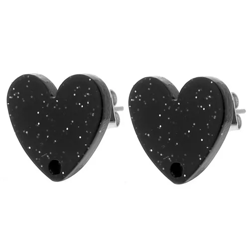 Orecchini cuore in acrilico 14x15,5 mm - Glitter nero x2
