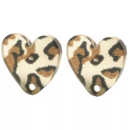 Orecchini cuore in acrilico 14x15,5 mm - Marrone ghepardo - Nero x2