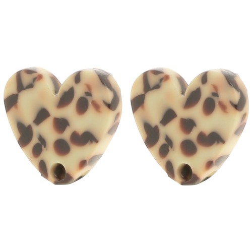 Orecchini a cuore in acetato 14x15,5 mm - Marrone screziato - Crema x2