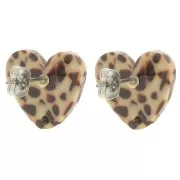 Orecchini a cuore in acetato 14x15,5 mm - Marrone screziato - Crema x2