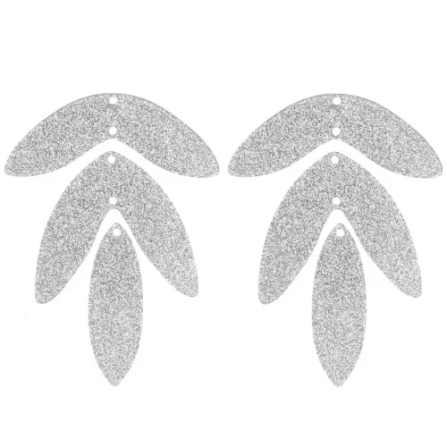 Set di 6 pendenti a forma di foglia in acrilico 62x45 mm da montare - Argento glitterato