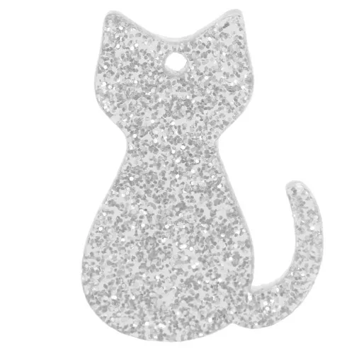 Pendente gatto in acrilico 21x15 mm - Argento glitter x1