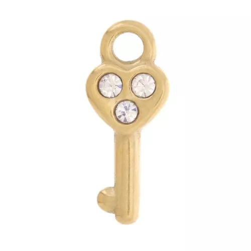Charm chiave a forma di cuore 15x6mm con ossido di zirconio Acciaio inossidabile 304L Dorato x1