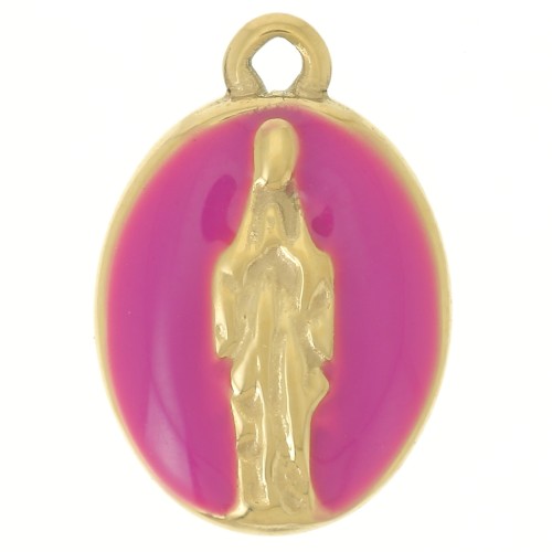 Ciondolo ovale 15x10 mm - Motivo religioso - Acciaio inossidabile 304L Dorato - Fucsia