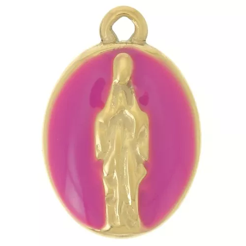 Ciondolo ovale 15x10 mm - Motivo religioso - Acciaio inossidabile 304L Dorato - Fucsia