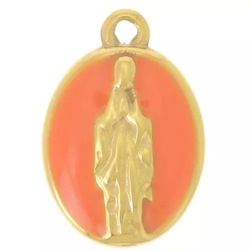 Ciondolo ovale 15x10 mm - Motivo religioso - Acciaio inossidabile 304L Dorato - Arancione