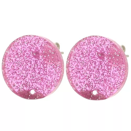 Orecchini tondi in acrilico da 15 mm - Brillantini rosa x2