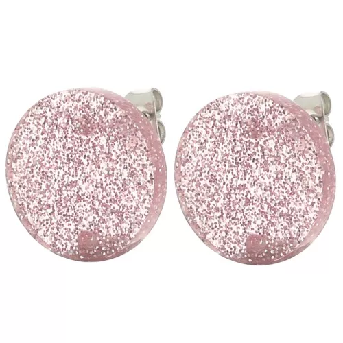 Orecchini tondi in acrilico da 15 mm - Brillantini rosa antico x2