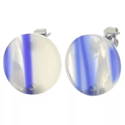 Orecchini tondi in acrilico da 15 mm - A righe - Blu scuro - Bianco perlato x2