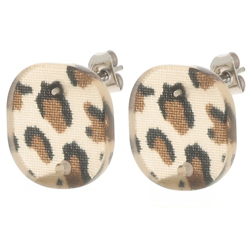 Orecchini perno quadrati arrotondati in acrilico 15 mm -Marrone ghepardo - Nero x2