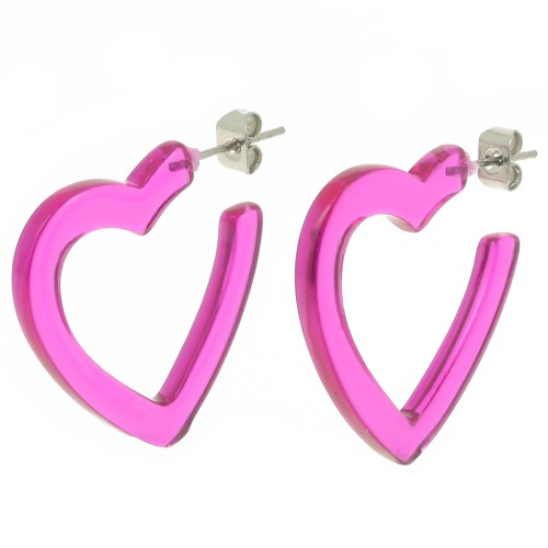 Orecchini a cerchio a cuore in acetato 26 mm - Fucsia trasparente x2